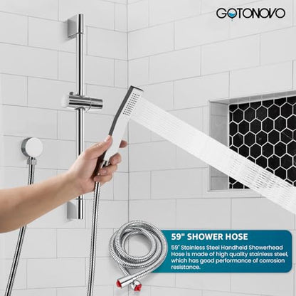 gotonovo 12 Inch Bathroom Shower Faucet Set with Slide Bar Polished Chrome | SUS304 Rainfall Shower Head with Handheld Sprayer Combo,Rough-in Valve Trim Kit Complete,Adjustable Handheld Height,All Metal - color: Chrome
