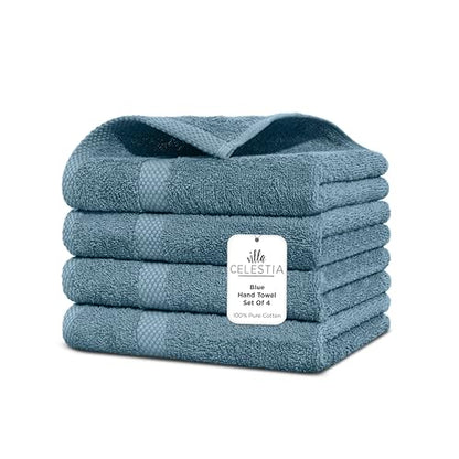 Villa Celestia Cotton Hand Towels Set of 4, 16 x 28, Oeko-TEX Certified, Quick Dry, Blue - color: Blue, size: Hand Towel - Pack of 4