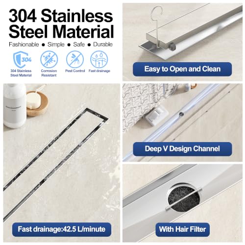 Neodrain 60-Inch Linear Shower Drain-Brushed,with Tile Insert Grate | 304 Stainless Steel, Fast Drainage, Rectangle Shower Floor Drain with Leveling Feet & Hair Strainer, Fits Bathroom, Balcony - color: Brushed, size: 60 IN