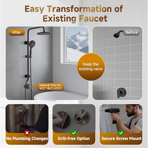 BRIGHT SHOWERS Rain Shower System Combo - 9 Inch Rainfall & Handheld Shower Heads with Power Wash, Solid Brass Rail, Height Adjustable Holder, 60 Inch Long Stainless Steel Hose, Matte Black - color: Matte Black, size: 1.8 Gallon Per Minute