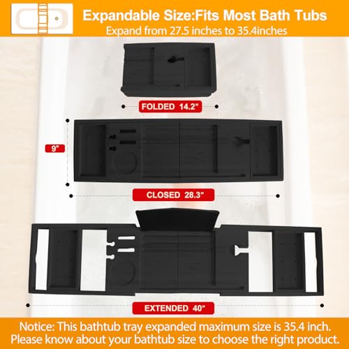 Premium Bathtub Tray Caddy - Bath Tray Expandable - Bath Tub Tray Table for Bathtub, Bamboo Wooden, Fits Most Bath Tubs - color: Premium Black