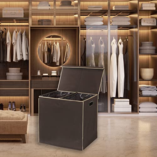 Simple Houseware Double Laundry Hamper with Lid & Removable Bags, Brown | Heavy Duty 600D Polyester, Water-Resistant Surface - color: Brown