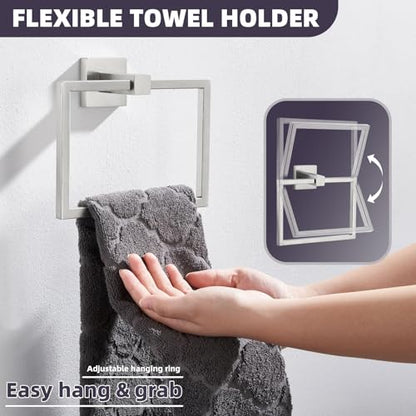 Square Towel Ring for Bathroom, Brushed Nickel, 304 Stainless Steel | 180° Swivel Towel Holder, Easy Towel Access, Spacious 6.3" Inner Ring, Easy Drilling Wall Mounted for Sink Vanity Kitchen - color: Brushed Nickel