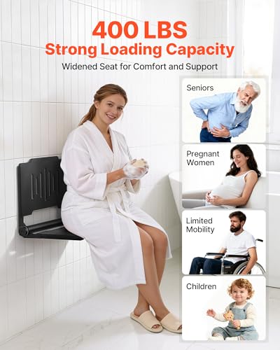 VEVOR Foldable Shower Seat Wall Mounted, 17.8" Folding Shower Bench with Supportive Backrest, Plastic Fold-Down Bathroom Corridor Seat with Stainless Steel Frame for Adults Seniors, 400LBS Loading