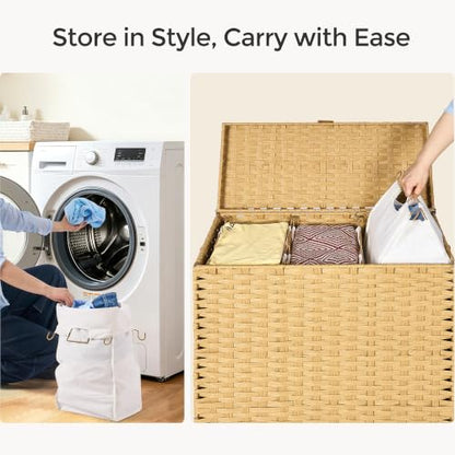 130L Wicker Laundry Hamper with Lid, 3-Section Laundry Basket | 3 Removable Liner Bags; 4 Included Mesh Laundry Bags; Handwoven PP Wicker; Reinforced Steel Frame - color: Natural