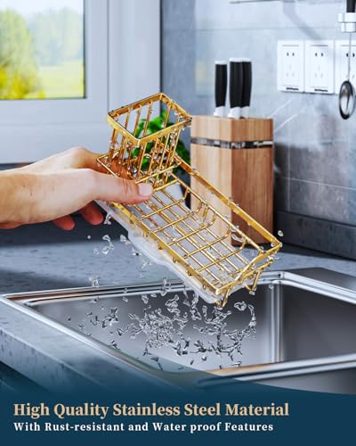 Consumest Sink Caddy, Kitchen Sponge Holder with Dish Brush Holder, Kitchen Sink Organizer with Drip Tray for Countertop, Stainless Steel Rustproof - Gold - color: Gold