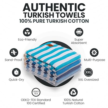 Gold CASE Turkish Beach Towel Set of 5 – 100% Cotton Beach Towels Oversized 70x38'' – MYRA Quick Dry Swim Towel – Lightweight Turkish Towels Set in Blue - color: Tones of Blue, size: Beach-Bath Towel Set of 5