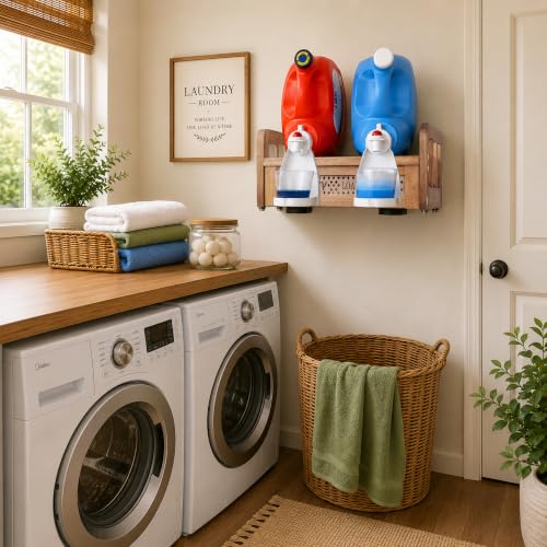 Wooden Wall Mount Laundry Detergent Holder, Nut Brown | Farmhouse Wooden Organizer, Holds 2 Detergent or Softener Bottles, Laundry Room Storage - color: Nut Brown