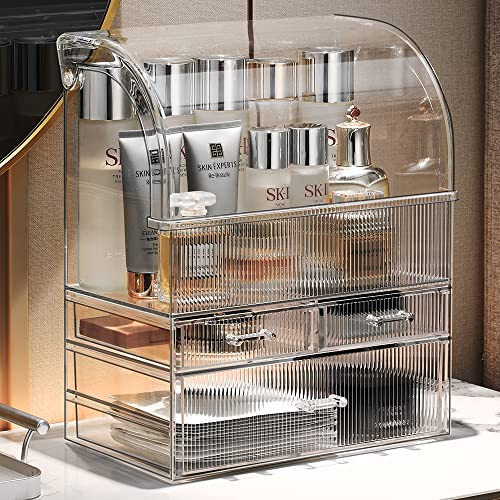 Professional Large Cosmetic Makeup Organizer Bathroom Storage Display Case with Drawers - color: Clear with Stripes