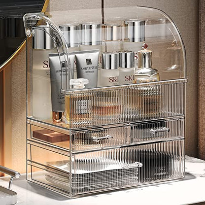 Professional Large Cosmetic Makeup Organizer Bathroom Storage Display Case with Drawers - color: Clear with Stripes