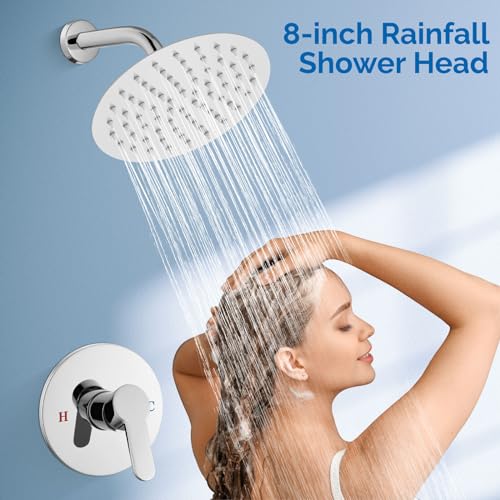 Airuida Shower Faucet Set,8 Inch Chrome Polish Shower Trim Kit | Round Rainfall Shower Head,Single Handle,Male Threads Rough-in Valve,Wall Mount Bathroom System - color: Chrome, size: 8 Inch