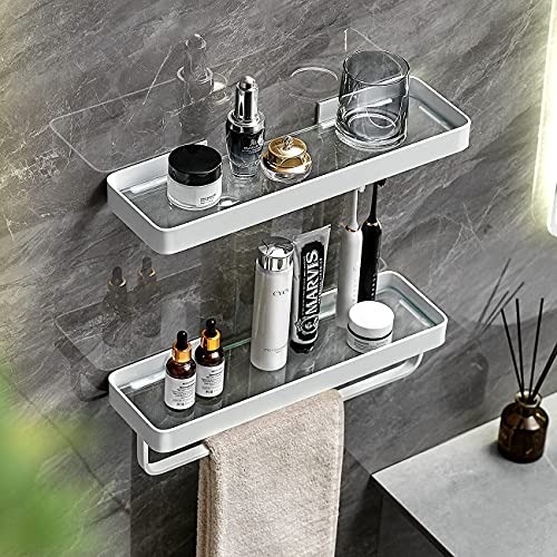 Bathroom Shelves Wall Mounted 2 Tier Glass Floating Shelf - Tempered Glass Wall Organizer (White) - color: White(rectangular)