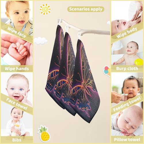 YETTASBIN Buuterfly Muslin Baby Hand Washcloths, Soft Cotton Bath Face Towel, 4 Layers Extra Absorbent Feeding Burp Cloth for Newborn Infant, 5 Pack - size: 12 Inch x 5 Pack