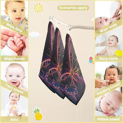 YETTASBIN Buuterfly Muslin Baby Hand Washcloths, Soft Cotton Bath Face Towel, 4 Layers Extra Absorbent Feeding Burp Cloth for Newborn Infant, 3 Pack - size: 12 Inch x 3 Pack