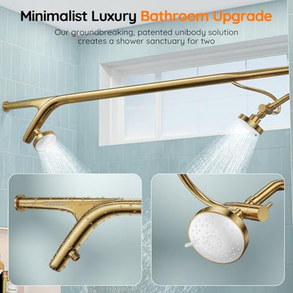 Dual Shower Head System- Double Showerheads for Couples - Golden | Two People 2 Person Gifts for Women Men - Thicker 304 Stainless Steel, High Pressure, Adjustable, Bathroom Upgrade, SPA-Like - color: Golden