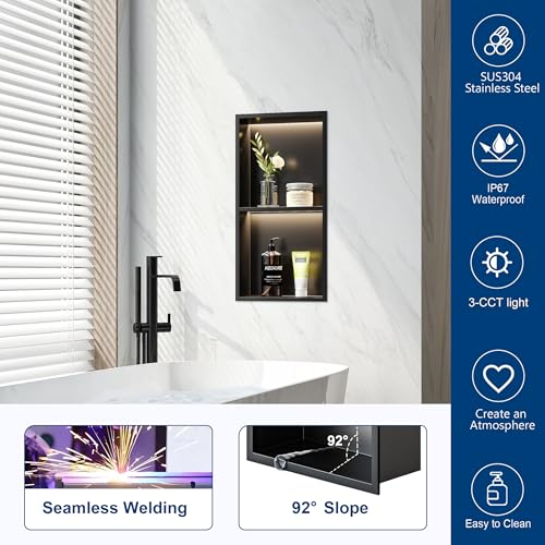 Matte Black 2-Tier 3 CCT LED Niche, 12"x24" No-Tile Shower Storage | shower niche with 3-Temperature LED Strip Light (4000K/6000K/3000K),Waterproof, Sturdy&Durable,304 Stainless Steel Wall Niche - color: Matte Black, size: 12X24In