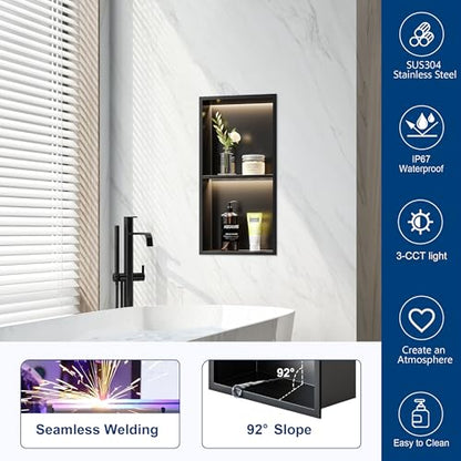 Matte Black 2-Tier 3 CCT LED Niche, 12"x24" No-Tile Shower Storage | shower niche with 3-Temperature LED Strip Light (4000K/6000K/3000K),Waterproof, Sturdy&Durable,304 Stainless Steel Wall Niche - color: Matte Black, size: 12X24In