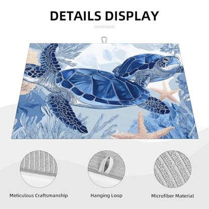 Sea Turtle Kitchen Dish Drying Mat Absorbent Reversible Microfiber Pad Countertop Protector Fast Drying Dish Mat Large 18"x24" - color: Slate Blue-Turtle