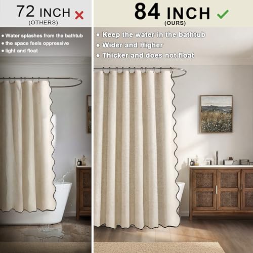 Extra Long Shower Curtains 84 Inch Linen Beige Cute Black Scalloped Boho Modern Shower Curtains for Bathroom Set, 72" W x 84" L