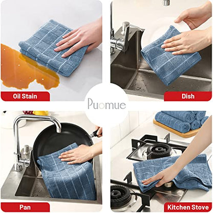 Puomue Microfiber Kitchen Towels and Dishcloths Set, 26 X 18 Inch and 12 X 12 Inch, Set of 12 Bulk Lint Free Dish Towels for Drying Dishes, Blue - color: Blue