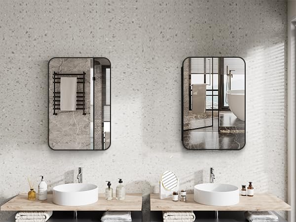 24x16 Inch Bathroom Medicine Cabinet Black, Wall Mounted Bathroom Medicine Cabinets or Recessed Mirror Cabinet Rounded Rectangle Medicine Cabinets - color: Black Aluminium（24‘’x16‘’）