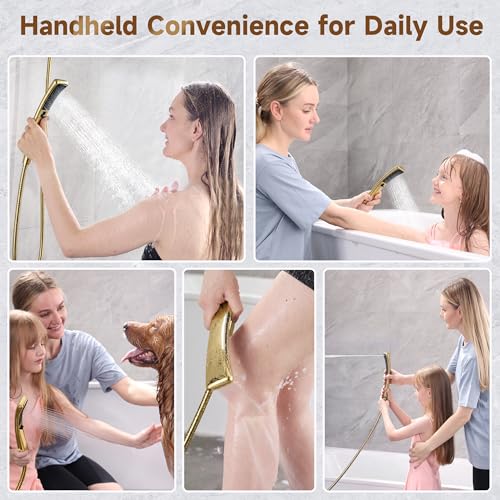 BRIGHT SHOWERS Dual Shower Head with Handheld, High Pressure Rainfall Shower Head Combo, 60-Inch Stainless Steel Hose, Brushed Gold - color: Brushed Gold, size: 2.5 Gallon Per Minute
