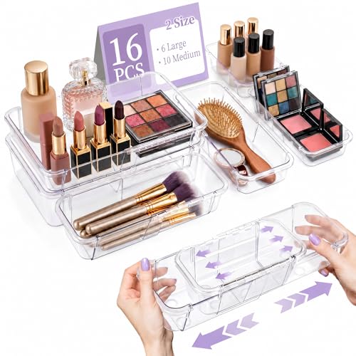 16 Pcs Extendable Clear Drawer Organizer|2-Size Expandable Drawer Dividers | Expanding Plastic Storage Boxes, Arcrylic Storage Bins for Vanity Makeup Drawer Dresser Kitchen Utensils DIY Desk Office - size: 16PCS