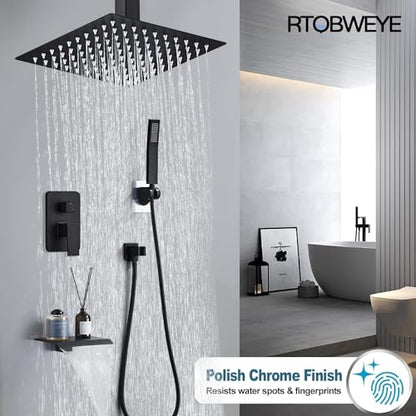 10 Inch Shower Faucet Set, Ceiling Mounted Rainfall Shower System with High Pressure Handheld Shower Head, Bathroom Mixer Shower Set Rough-in Valve and Trim Kit, Matte Black, with Tub Spout - color: Matte Black with Tub Spout, style: 10 Inch