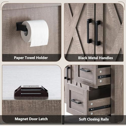 AMERLIFE 60" Gray Farmhouse Double Sink Bathroom Vanity, Solid White Top | Light Gray, Solid White Integrated Top, Moisture-Resistant MDF, 4 X-Panel Doors, 2 Drawers, Open Shelf, Paper Towel Holder - color: Light Gray, size: 60”