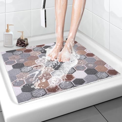 Shower Mat Bathtub Mat Non-Slip - 36x36 Inch, Soft Comfort Bath Mat with Drainage Holes, PVC Loofah Massage Bathmat for Shower, Tub, Bathroom, Wet Areas, Quick Drying - color: Hexagonal Tiles, size: 36" x 36" (Square)