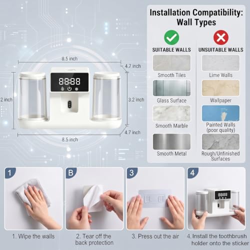 Smart Toothbrush Holder with Automatic Toothpaste Dispenser, Rechargeable Toothbrush Storage Rack with Toothbrush Holder and Mouthwash Cup, Digital Display, Designed for Home Bathrooms (White) - color: White
