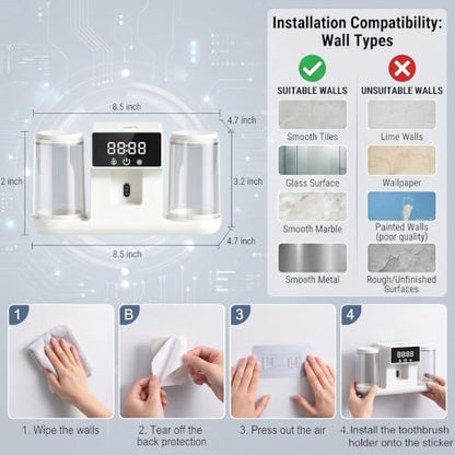 Smart Toothbrush Holder with Automatic Toothpaste Dispenser, Rechargeable Toothbrush Storage Rack with Toothbrush Holder and Mouthwash Cup, Digital Display, Designed for Home Bathrooms (White) - color: White