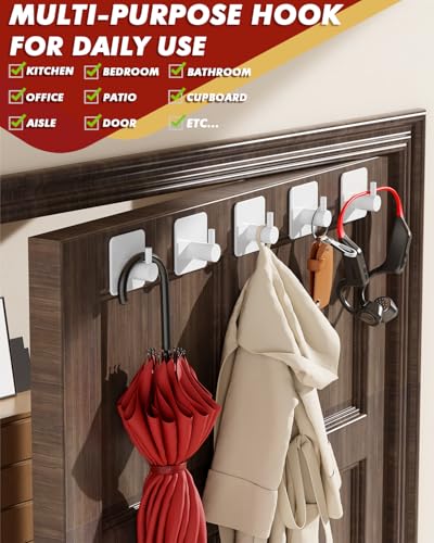 Auxmir Heavy Duty Adhesive Hooks, 5 Pack Stainless Steel Hooks 22 lb, White | 22 lb max capacity, SUS304 stainless steel, no-drill installation, waterproof and rust-resistant for towels, robes and coats - color: 1.8"x1.8"-White