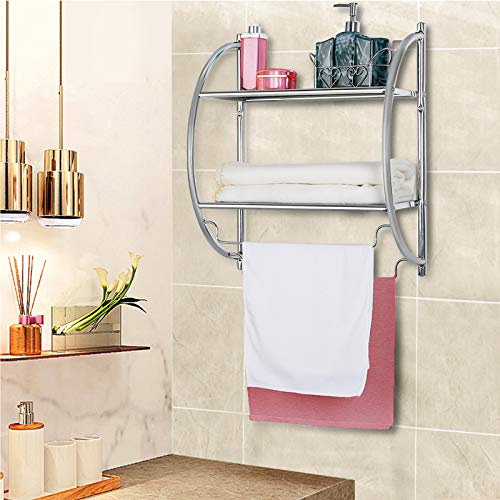 Wall Mounted Bathroom Shelf with Towel Bars,2 Tier Towel Rack, Rustproof Chrome Wall Storage Shelves for Home Bathroom Toilet