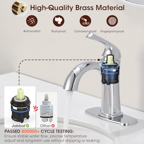 Polished Chrome Single Hole Bathroom Faucet, Single Handle Brass Bathroom Sink Faucet, Lavatory Vanity Faucet for 1 or 3 Holes, Bathroom Faucets with Pop Up Drain and Supply Lines, Deck Plate - color: A-Polished Chrome