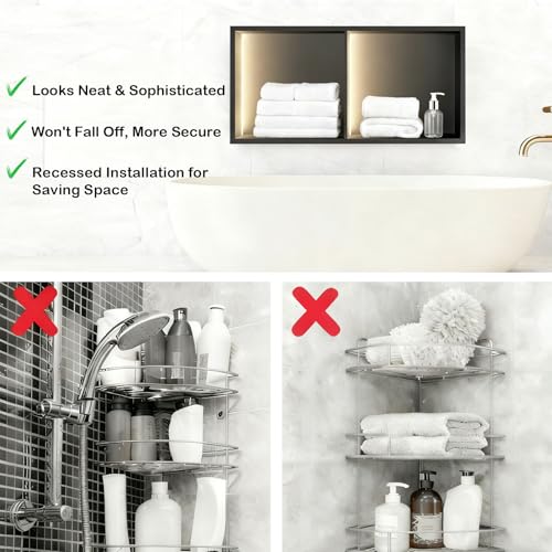 LED Shower Niche, No Tile Needed Niche, 24" X 12", Matte Black | Durable 304 Stainless Steel for Lifelong Use, 3000K Warm Led Lights, Waterproof&Leak-proof, 2 Tiers for Bathroom Storage
