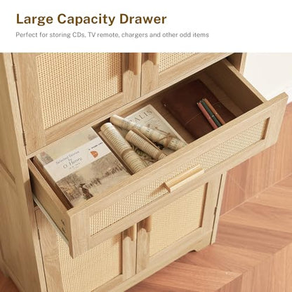 47.2" H Tall Storage Cabinet with Adjustable Shelf, Rattan Cabinet, Cupboard for Living Room, Dining Room, Entryway, Home Office, Natural - color: Natural, 4 Doors