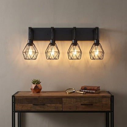 Somniferous 4 Light Bathroom Vanity Light, Farmhouse Bathroom Light Fixtures Over Mirror, Black Vanity Light with Caged Metal Shade, Rustic Wall Light Fixture for Bedroom, Living Room, E26 Socket - size: 4-Light
