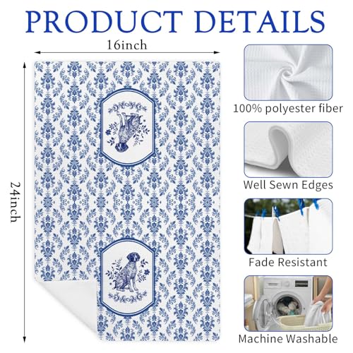 German Shorthaired Pointer Kitchen Towel Set of 2, Blue and White Chinoiserie Dog Floral, Dish & Hand Towels for Dog Lovers, Unique Hunting Dog Gift, 16x24 Inches - color: Pointer