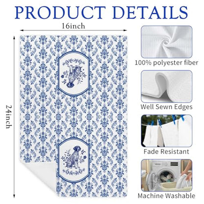 German Shorthaired Pointer Kitchen Towel Set of 2, Blue and White Chinoiserie Dog Floral, Dish & Hand Towels for Dog Lovers, Unique Hunting Dog Gift, 16x24 Inches - color: Pointer
