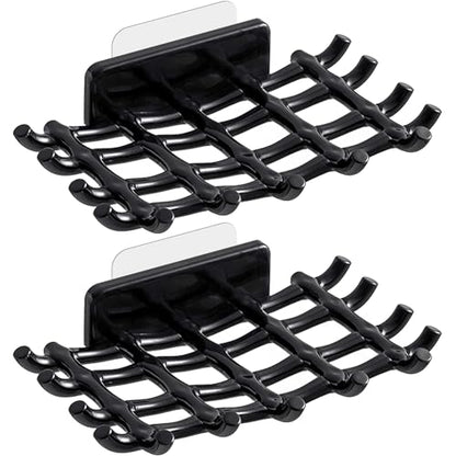 Shower Soap Holder for Wall, Adhesive Bar Soap Dish with Self Draining Grid, Side Hooks and No Drilling Mount, Black, 2 Pack - color: Black
