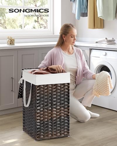 SONGMICS Laundry Hamper with Lid, 17.2 Gallon (65 L) Synthetic Rattan Clothes Laundry Basket with Lid and Handles, Foldable, Removable Liner, Chestnut Brown ULCB165K01 - color: Chestnut Brown, size: 65 L