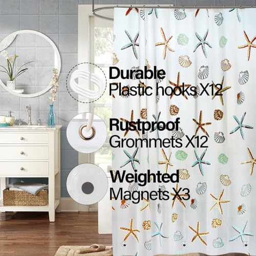 Plastic Shower Liner - Premium PEVA 4G Shower Curtain Liner with Rustproof Grommets and 3 Weighted Magnets, Waterproof Shower Curtains for Bathroom (Starfish) - color: Starfish, size: 71"W x 71"L (Pack of 1)