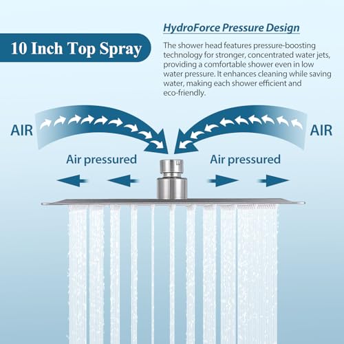 Brushed Nickel Square Rainfall Shower Head Set with Handheld, 10" | 10 Inch Square Head, With Shower Valve, Rustproof Brushed Nickel, High Pressure Raindrop - color: Brushed Nickel, style: 2 Setting-10in
