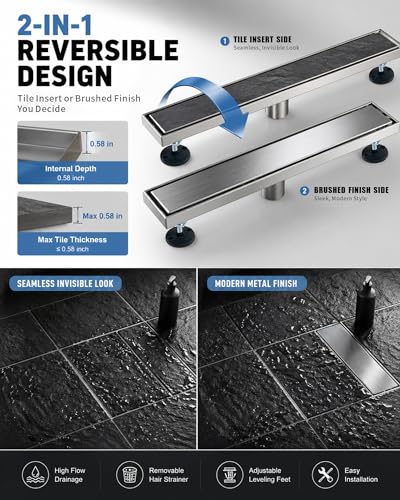 28 Inch Brushed Stainless Steel Linear Shower Drain | CUPC Certified 2-in-1 Tile Insert for Curbless Showers. 304 Steel, 15.8GPM Flow. Includes Hair Catcher & Adjustable Feet. - color: Brushed Stainless, size: 28in