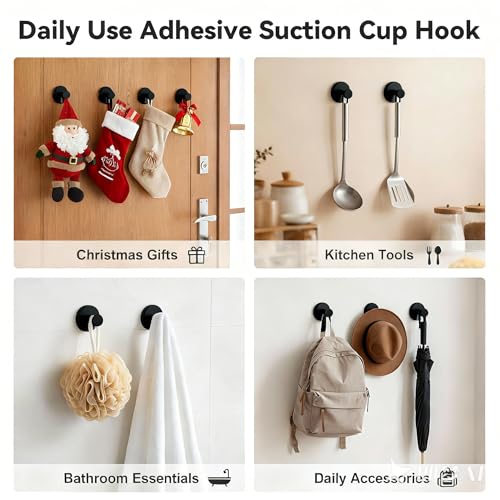 Suction Cup Wreath Hangers for Front Door Glass, Heavy Duty Vacuum Holder with Extended Hook, Washable Reusable Towel Hooks for Bathroom Shower, Black 2 Pack Stainless Steel - color: Black
