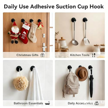 Suction Cup Wreath Hangers for Front Door Glass, Heavy Duty Vacuum Holder with Extended Hook, Washable Reusable Towel Hooks for Bathroom Shower, Black 2 Pack Stainless Steel - color: Black