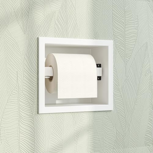 Qeke Recessed Toilet Paper Holder 304 Stainless Steel, Matte White | Rustproof Toilet Paper Holder Built-in, in Wall Tissue Paper Holder with Push-to-Open Rod for Bathroom & RV - color: Matte White