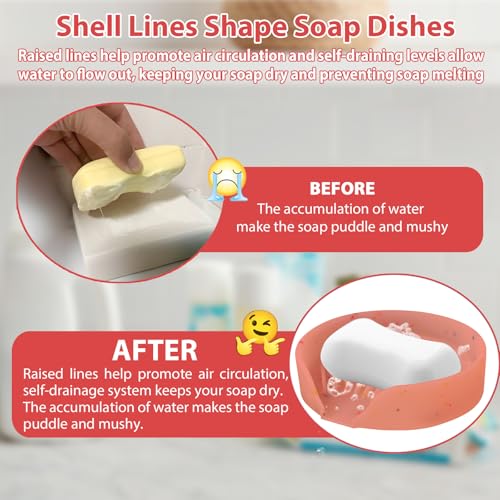 Silicone Bathroom Soap Dishes, Self Draining Waterfall Bar Soap Holder & Saver, Dish Soap Tray, Sponge Holder, 13 Non-Slip Suction Cups Dishwasher Safe for Bathroom Kitchen Shower Sink Organizer Red