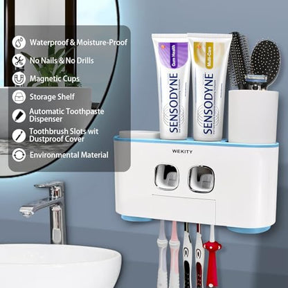 Toothbrush Holder Wall Mounted, WEKITY Multi-Functional Toothbrush and Toothpaste Dispenser for Bathroom, with 5 Toothbrush Slots, 2 Toothpaste Squeezers and 4 Cups(Blue) - color: Blue
